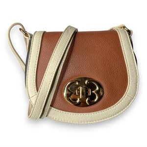 Emma Fox Brown & Cream Leather Crossbody Bag Gold Turn Lock Vintage Handbag